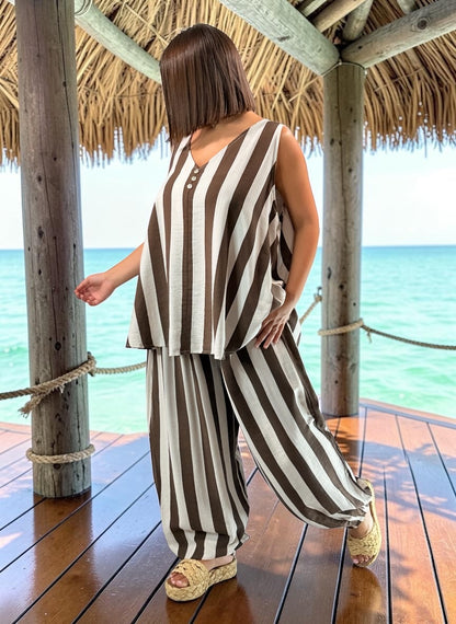 JUANA - TUNIQUE OVERSIZE A RAYURE MARRON JUSQU'A LA TAILLE 54