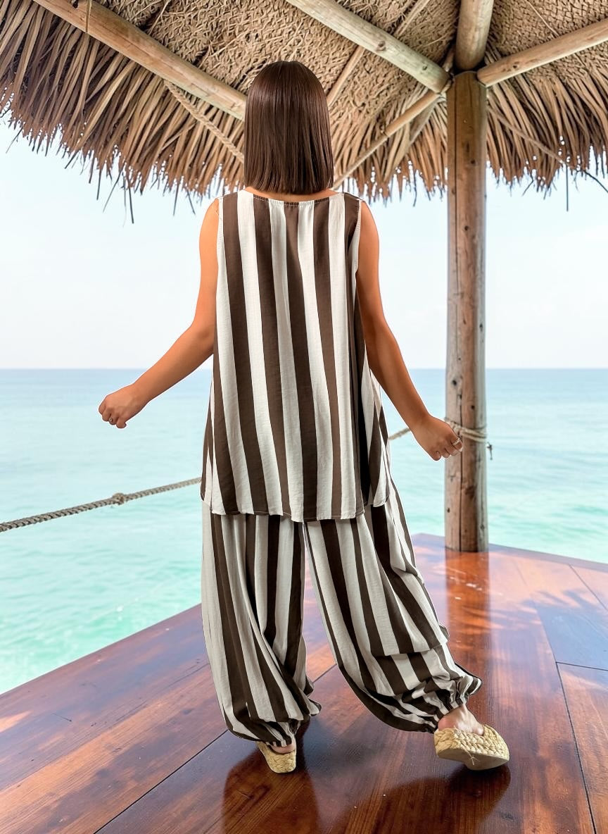 JUANA - TUNIQUE OVERSIZE A RAYURE MARRON JUSQU'A LA TAILLE 54