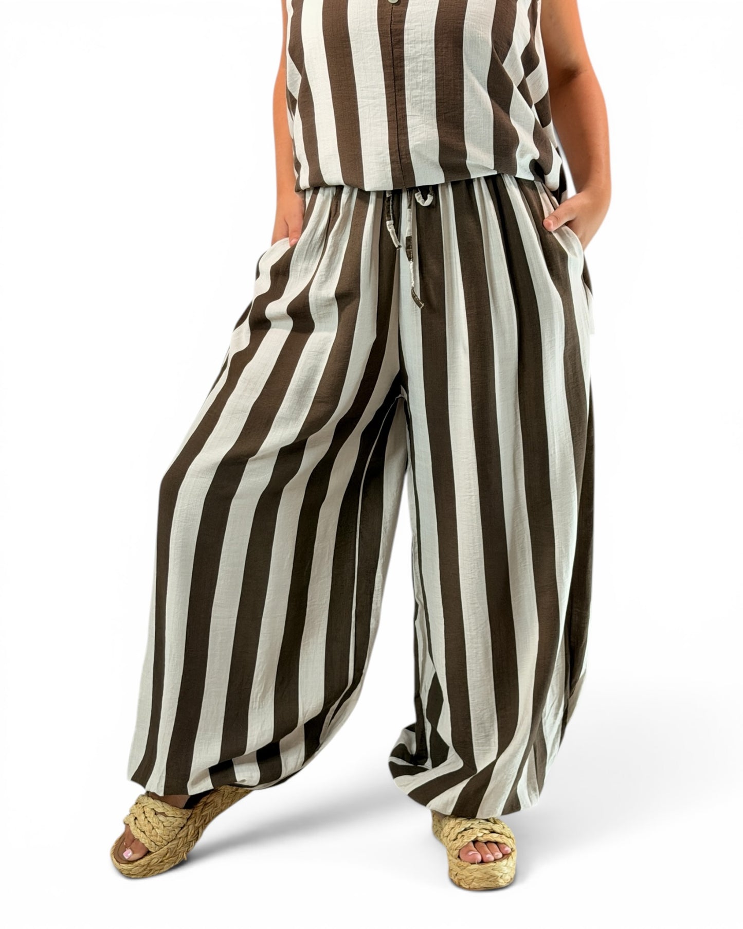 PEPINO - PANTALON A RAYURE MARRON JUSQUA LA TAILLE 54