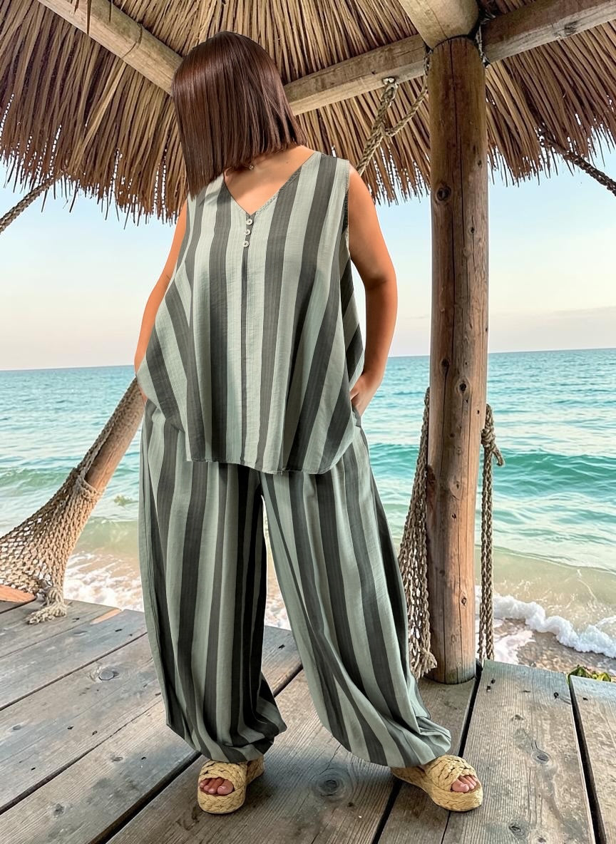 JUANA - TUNIQUE OVERSIZE A RAYURE KAKI JUSQU'A LA TAILLE 54