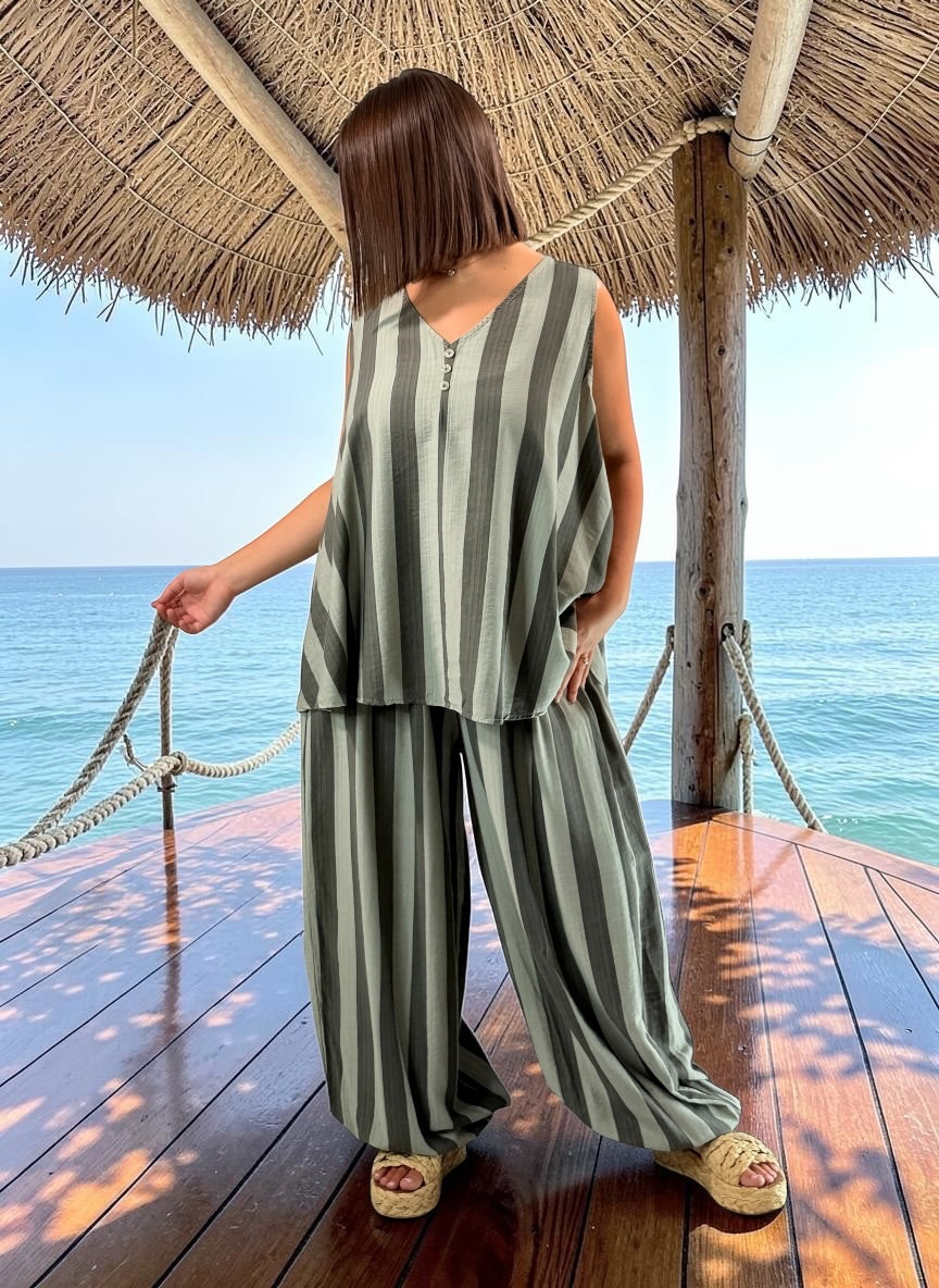 JUANA - TUNIQUE OVERSIZE A RAYURE KAKI JUSQU'A LA TAILLE 54