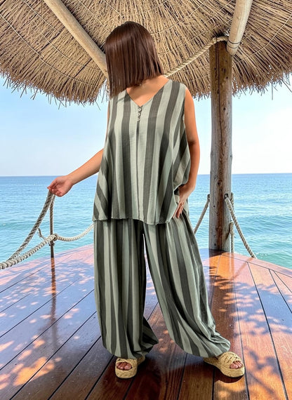 JUANA - TUNIQUE OVERSIZE A RAYURE KAKI JUSQU'A LA TAILLE 54