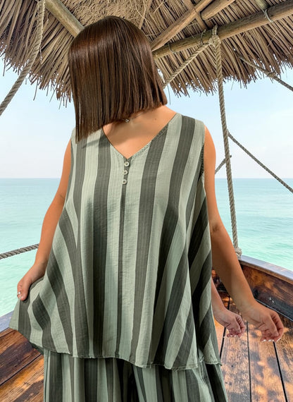 JUANA - TUNIQUE OVERSIZE A RAYURE KAKI JUSQU'A LA TAILLE 54