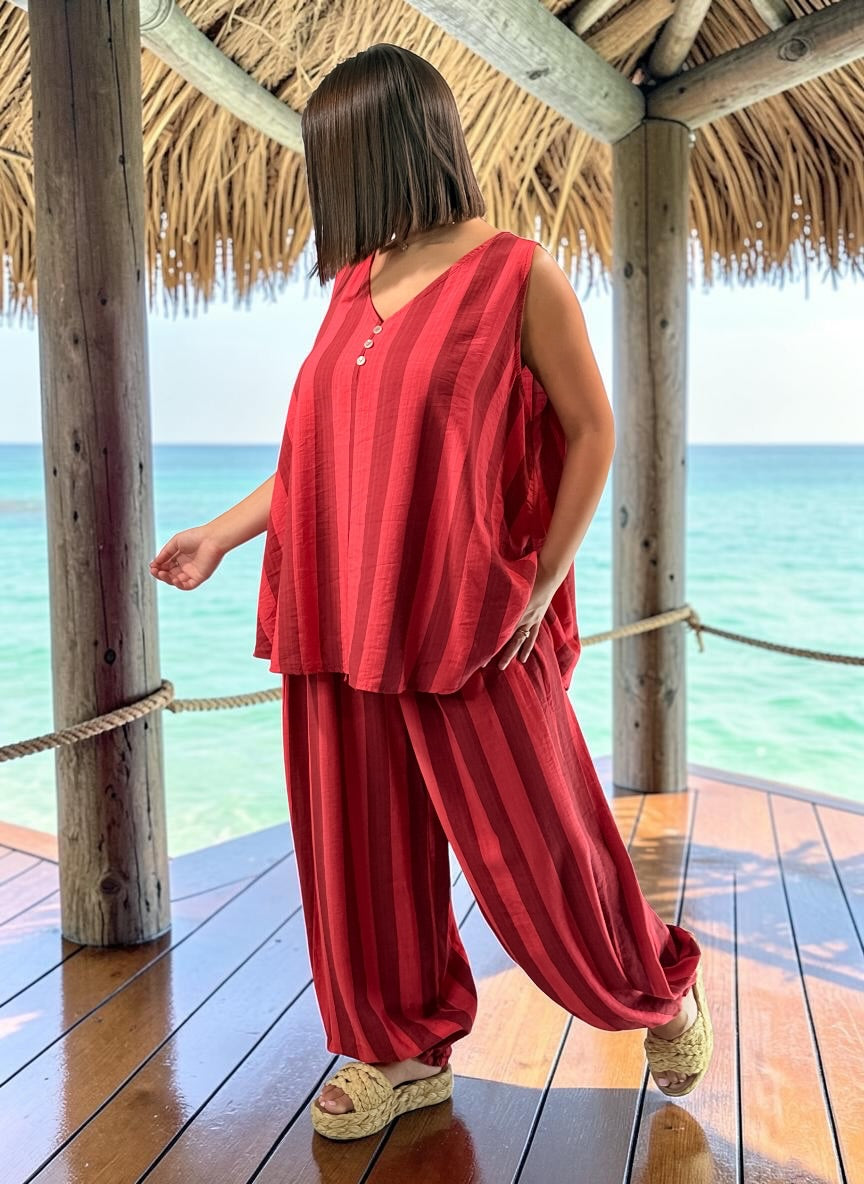 PEPINO - PANTALON A RAYURE ROUGE JUSQUA LA TAILLE 54