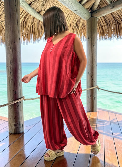 PEPINO - PANTALON A RAYURE ROUGE JUSQUA LA TAILLE 54