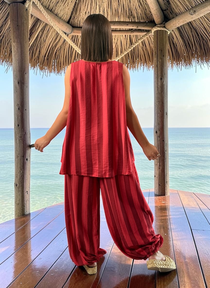 PEPINO - PANTALON A RAYURE ROUGE JUSQUA LA TAILLE 54