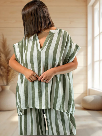 LILOU - TUNIQUE OVERSIZE A RAYURE KAKI JUSQU'A LA TAILLE 52/54