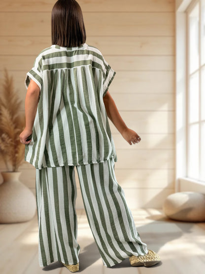 LILOU - TUNIQUE OVERSIZE A RAYURE KAKI JUSQU'A LA TAILLE 52/54