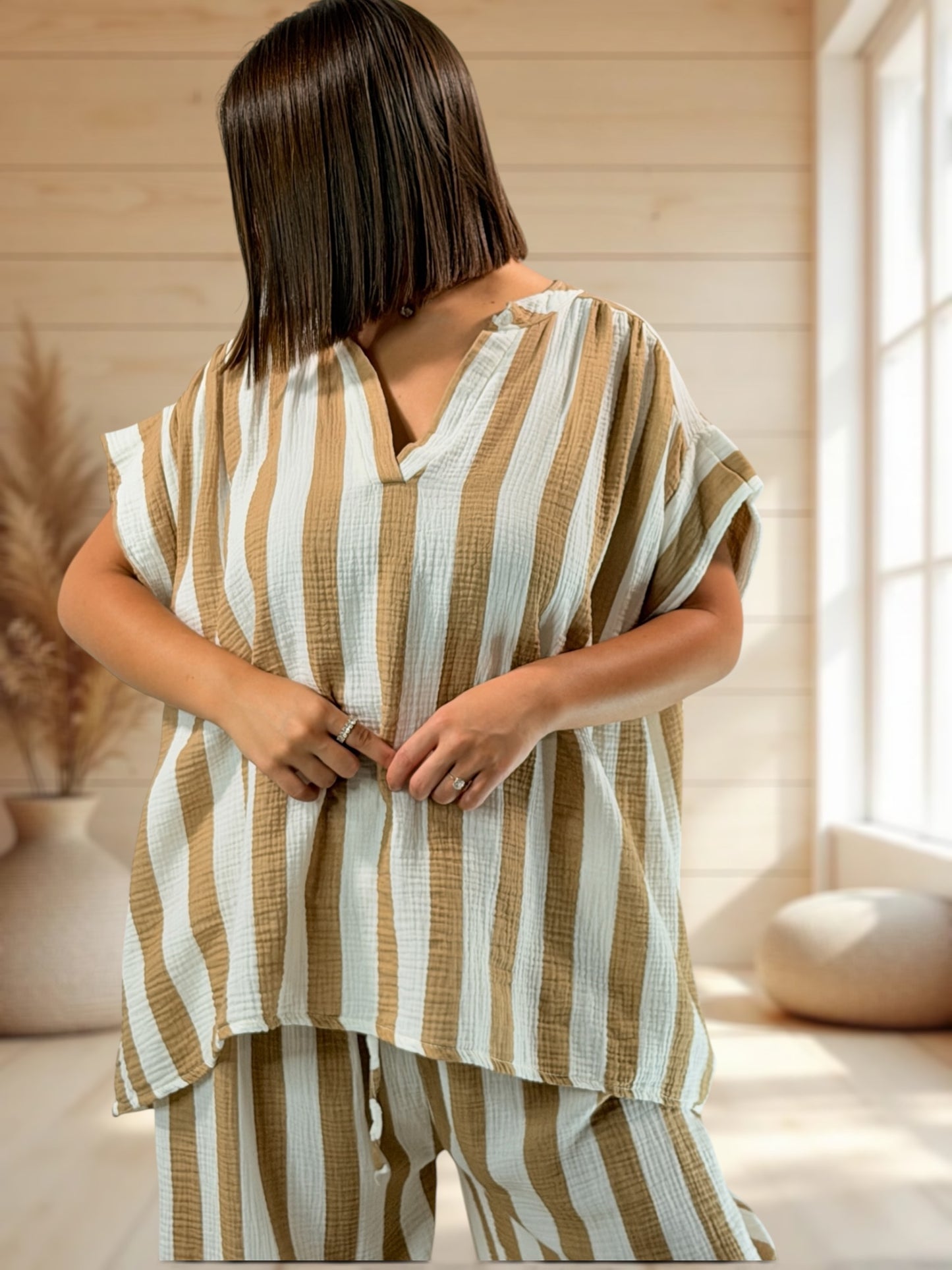 LILOU - TUNIQUE OVERSIZE A RAYURE CAMEL JUSQU'A LA TAILLE 52/54