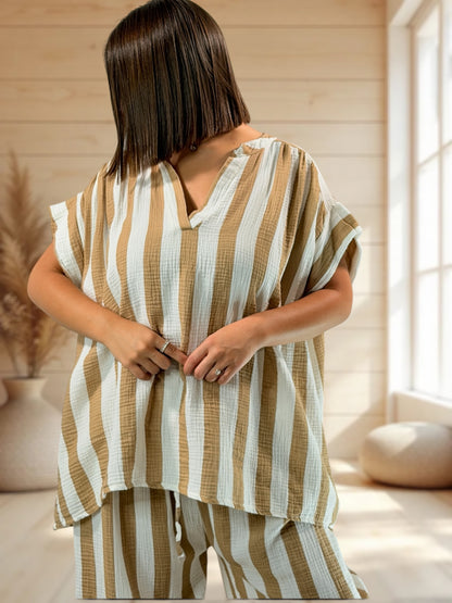 LILOU - TUNIQUE OVERSIZE A RAYURE CAMEL JUSQU'A LA TAILLE 52/54