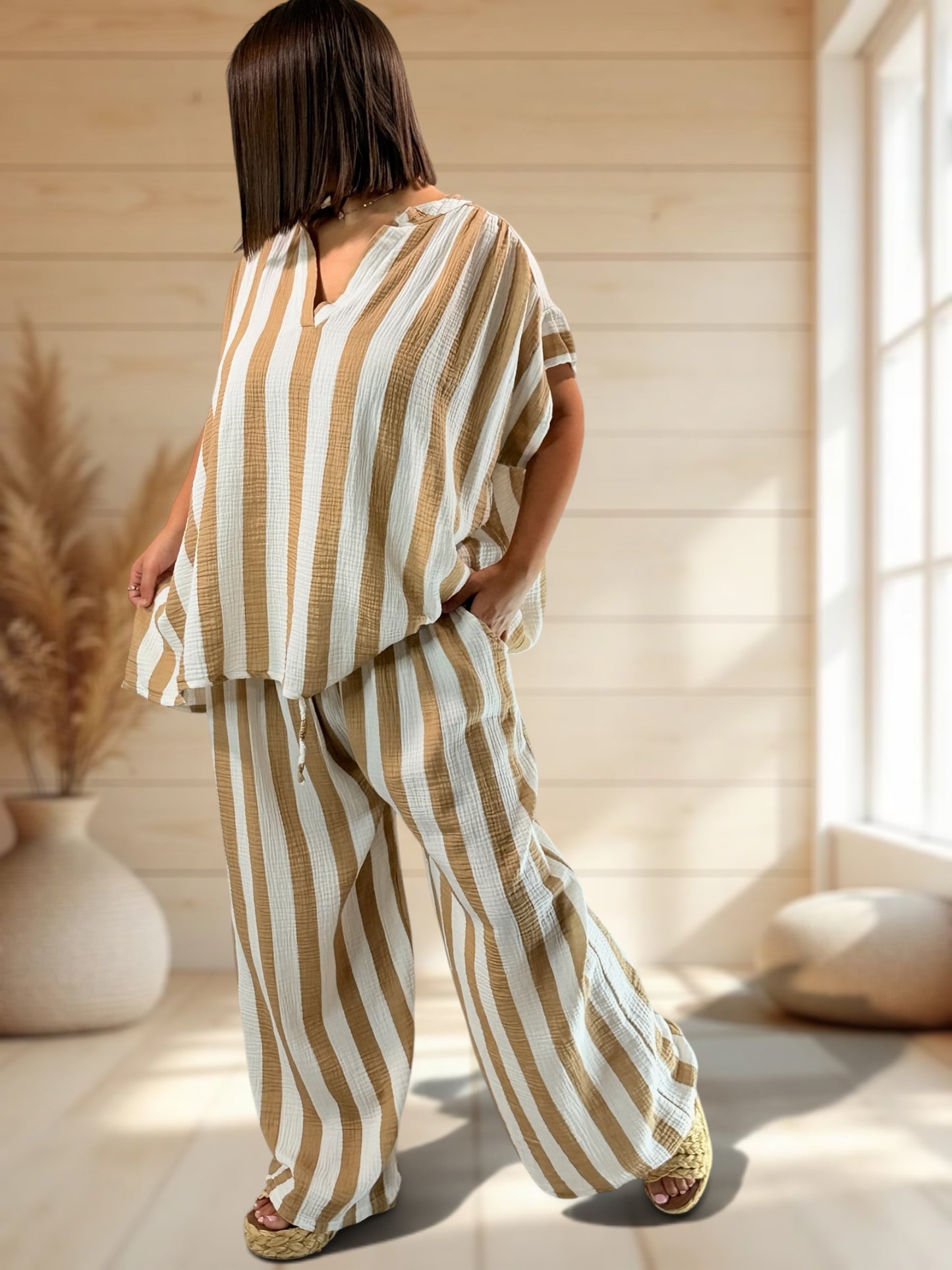ELIOTH - PANTALON A RAYURE CAMEL JUSQUA LA TAILLE 52