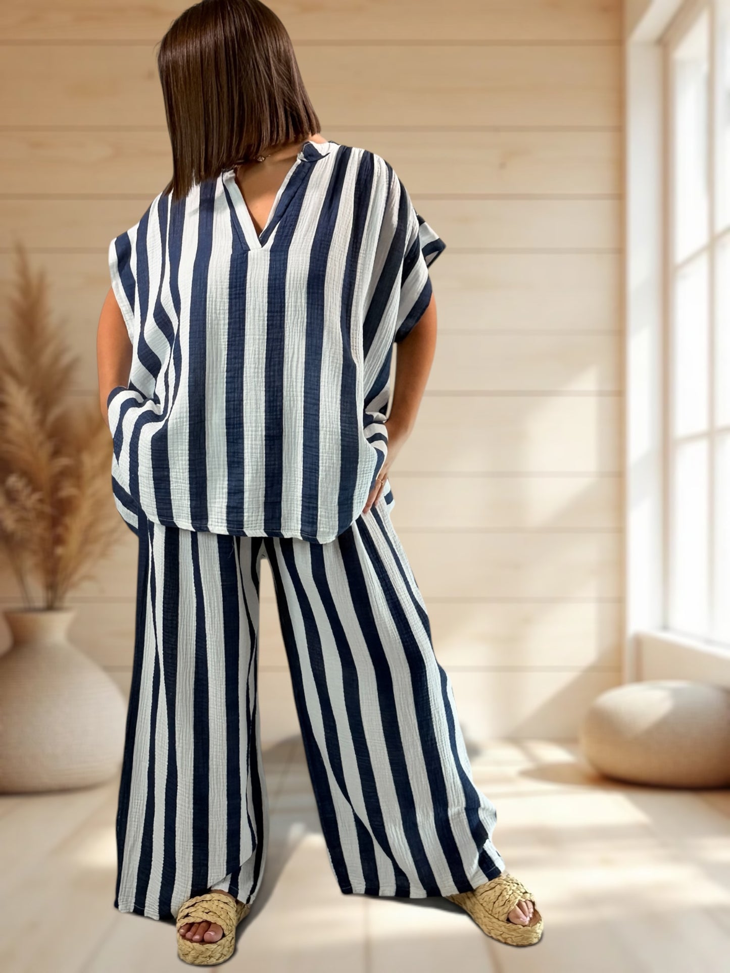 LILOU - TUNIQUE OVERSIZE A RAYURE MARINE JUSQU'A LA TAILLE 52/54