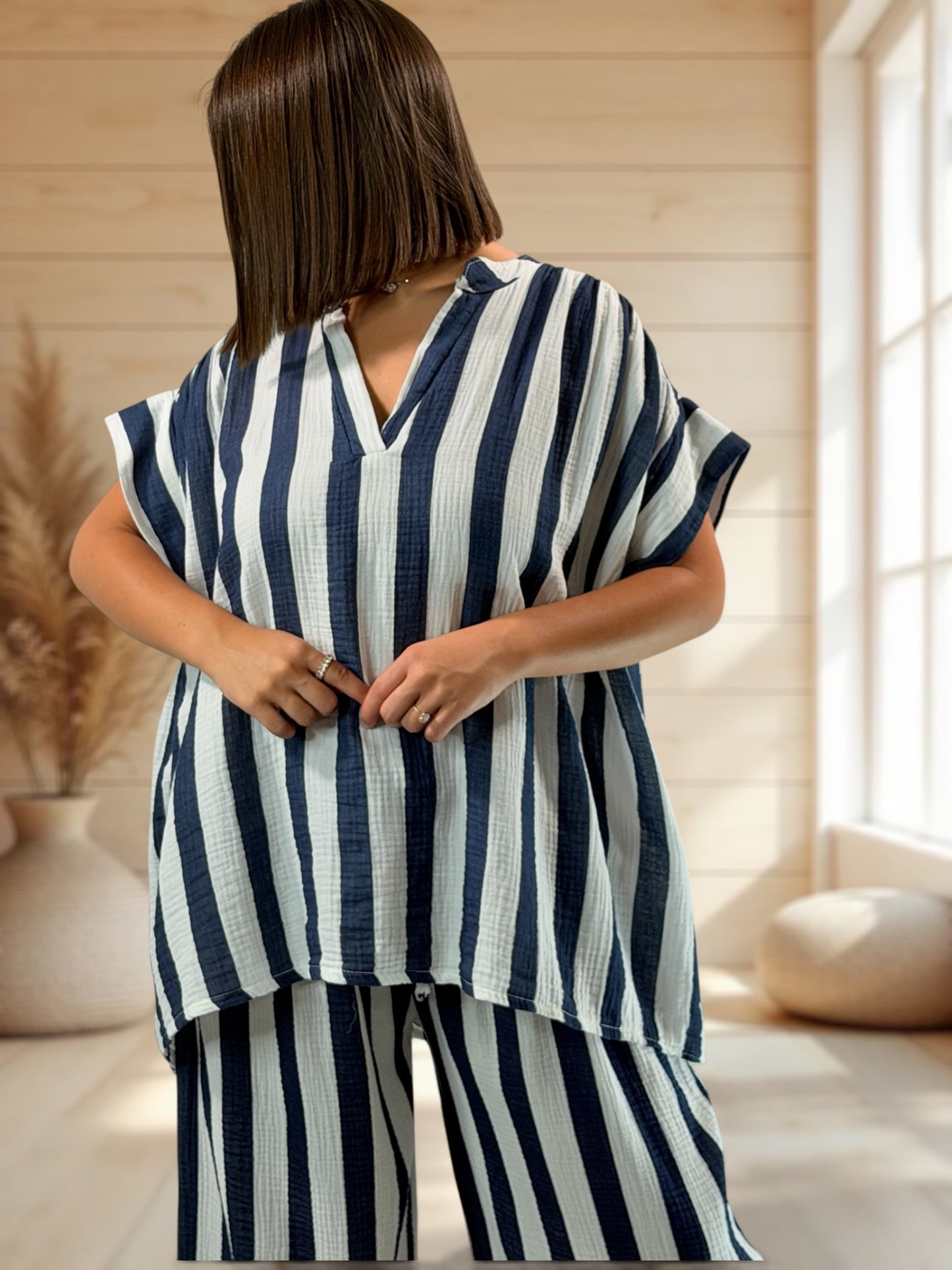 LILOU - TUNIQUE OVERSIZE A RAYURE MARINE JUSQU'A LA TAILLE 52/54