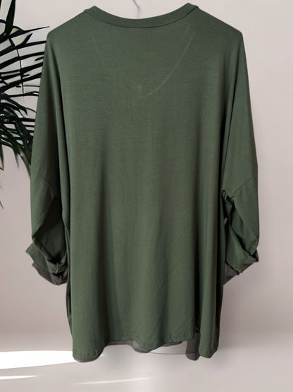 BASTIEN - T-SHIRT EN VISCOSE KAKI MANCHES LONGUES JUSQU'A LA TAILLE 52/54
