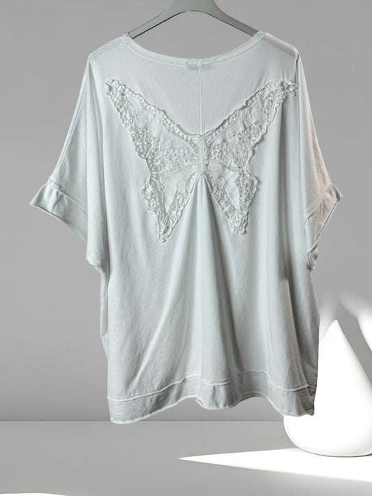 RITA - T-SHIRT BLANC OVERSIZE MOTIF PAPILLON AU DOS JUSQU'A LA TAILLE 54/56