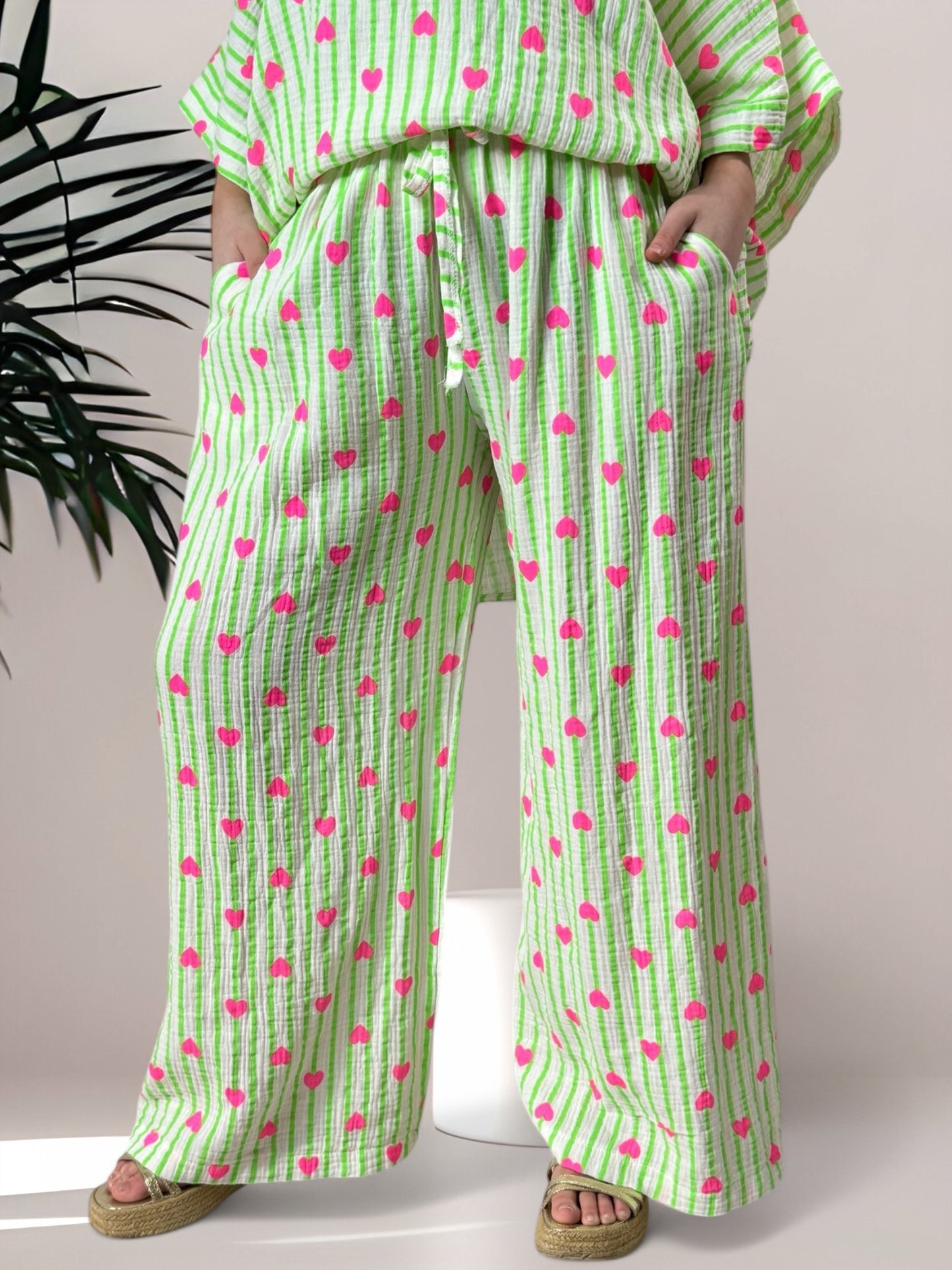 ANGY - PANTALON EN COTON RAYURE VERTE JUSQU'A LA TAILLE 48/50