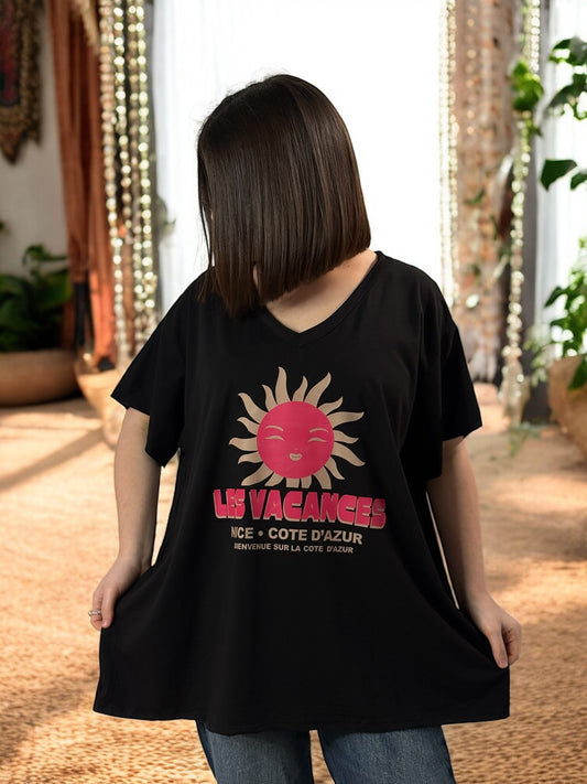 ENNIO - T-SHIRT NOIR MOTIF SOLEIL JUSQU'A LA TAILLE 52/54