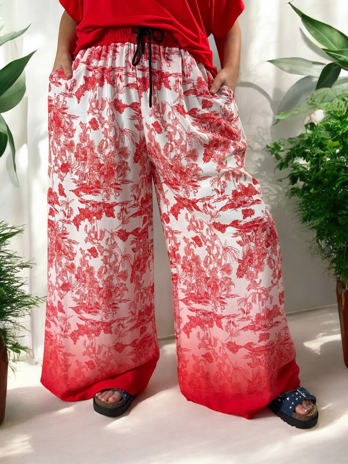 ROMAIN - PANTALON FLUIDE MOTIF ROUGE JUSQU'A LA TAILLE 50