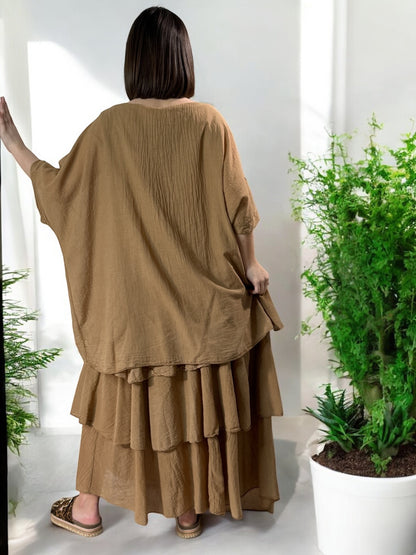 ADRIANA - ROBE CAMEL A VOLANT JUSQU'A LA TAILLE 50