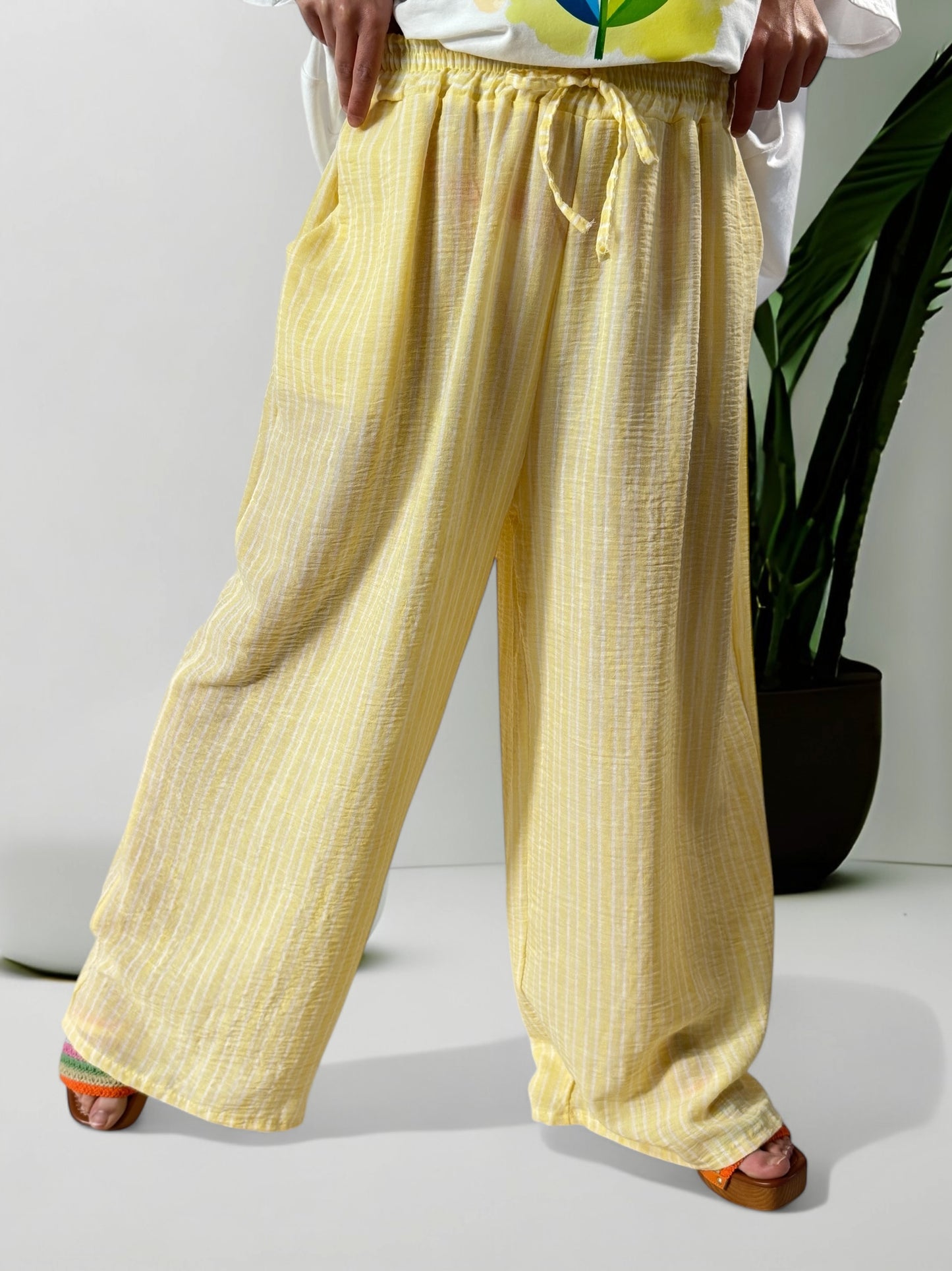 TIMOTHE - PANTALON JAUNE A RAYURE COTON ET LIN JUSQU'A LA TAILLE 52