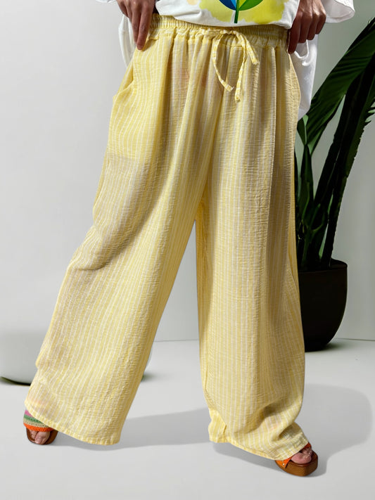 TIMOTHE - PANTALON JAUNE A RAYURE COTON ET LIN JUSQU'A LA TAILLE 52