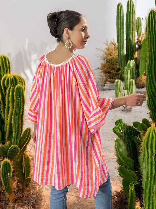 LILOU - BLOUSE OVERSIZE A RAYURE FUCHSIA EN COTON JUSQU'A LA TAILLE 56