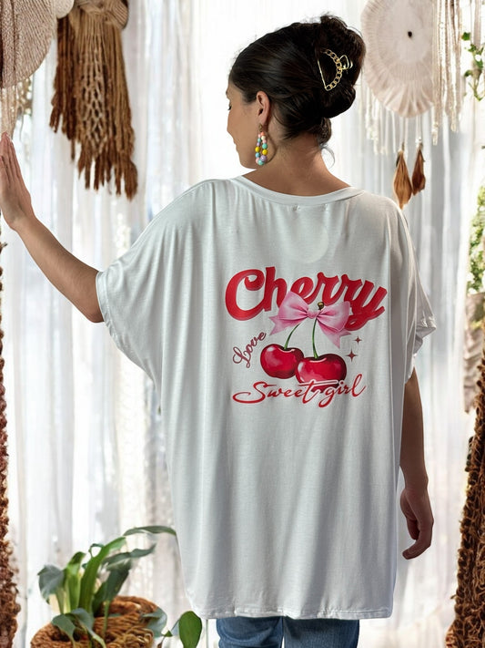 BILLIE - T-SHIRT BLANC EN VISCOSE AVEC MOTIF CERISE JUSQU'A LA TAILLE 56/58
