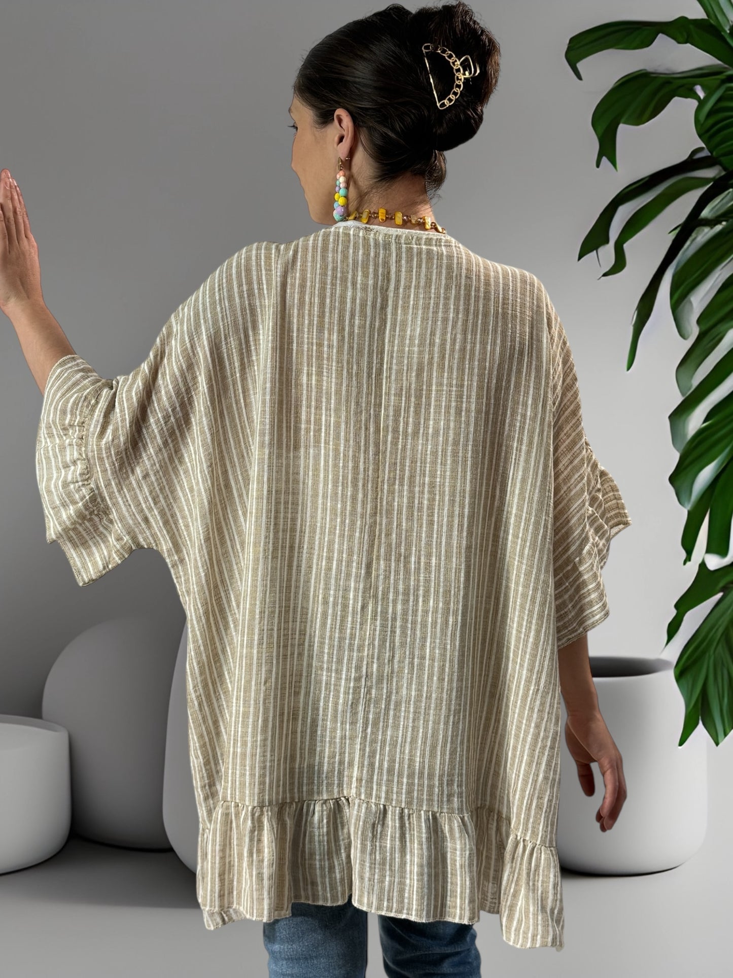 NELLY - TUNIQUE EN COTON A RAYURE TAUPE JUSQU'A LA TAILLE 52/54