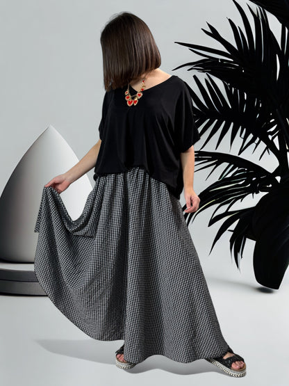ESTIVALE - JUPE AMPLE VICHY NOIRE JUSQU'A LA TAILLE 52