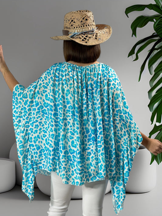 FAUVE - BLOUSE LEOPARD TURQUOISE OVERSIZE  JUSQU'A LA TAILLE 54