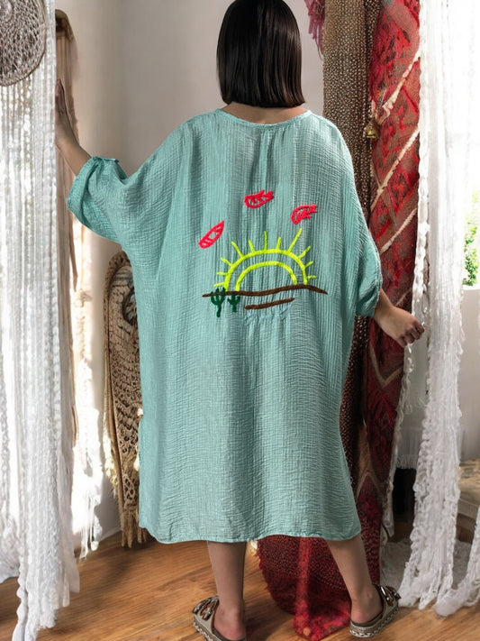 COLINE - ROBE TUNIQUE LAGON OVERSIZE BRODEE DANS LE DOS JUSQU'A LA TAILLE 54/56