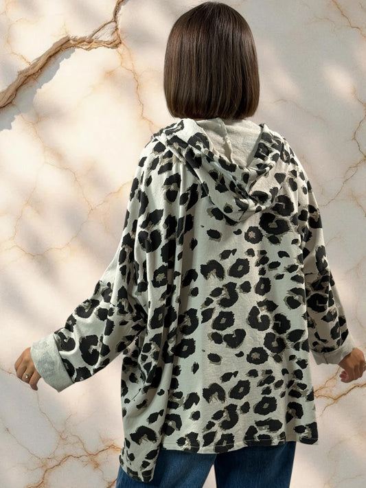 SANTIAGO - SWEAT OVERSIZE LEPARD BEIGE AVEC CAPUCHE JUSQU'A LA TAILLE 54/56