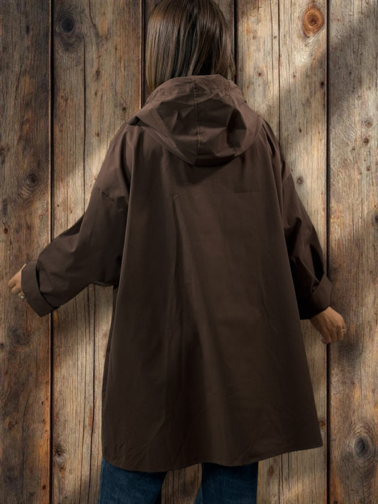 DORIAN - VESTE TRENCH MARRON OVERSIZE A CAPUCHE JUSQU'A LA TAILLE 56