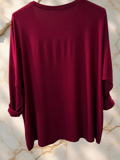 BASTIEN - T-SHIRT EN VISCOSE BORDEAUX MANCHES LONGUES JUSQU'A LA TAILLE 52/54