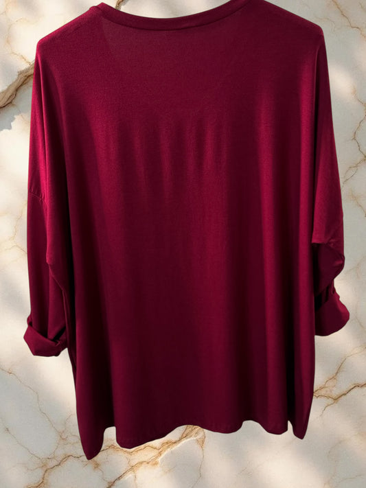 BASTIEN - T-SHIRT EN VISCOSE BORDEAUX MANCHES LONGUES JUSQU'A LA TAILLE 52/54