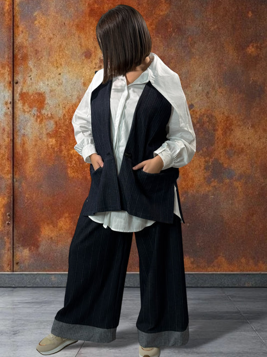 PAULIN - ENSEMBLE CHEMISE ET GILET CHEVRONS NOIR JUSQU'A LA TAILLE 52