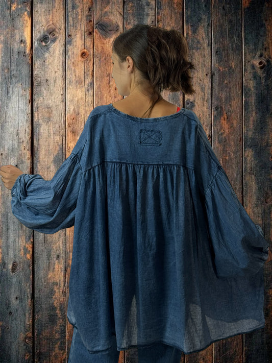 MARION - BLOUSE BLEUE EN COTON OVERSIZE JUSQU'A LA TAILLE 56