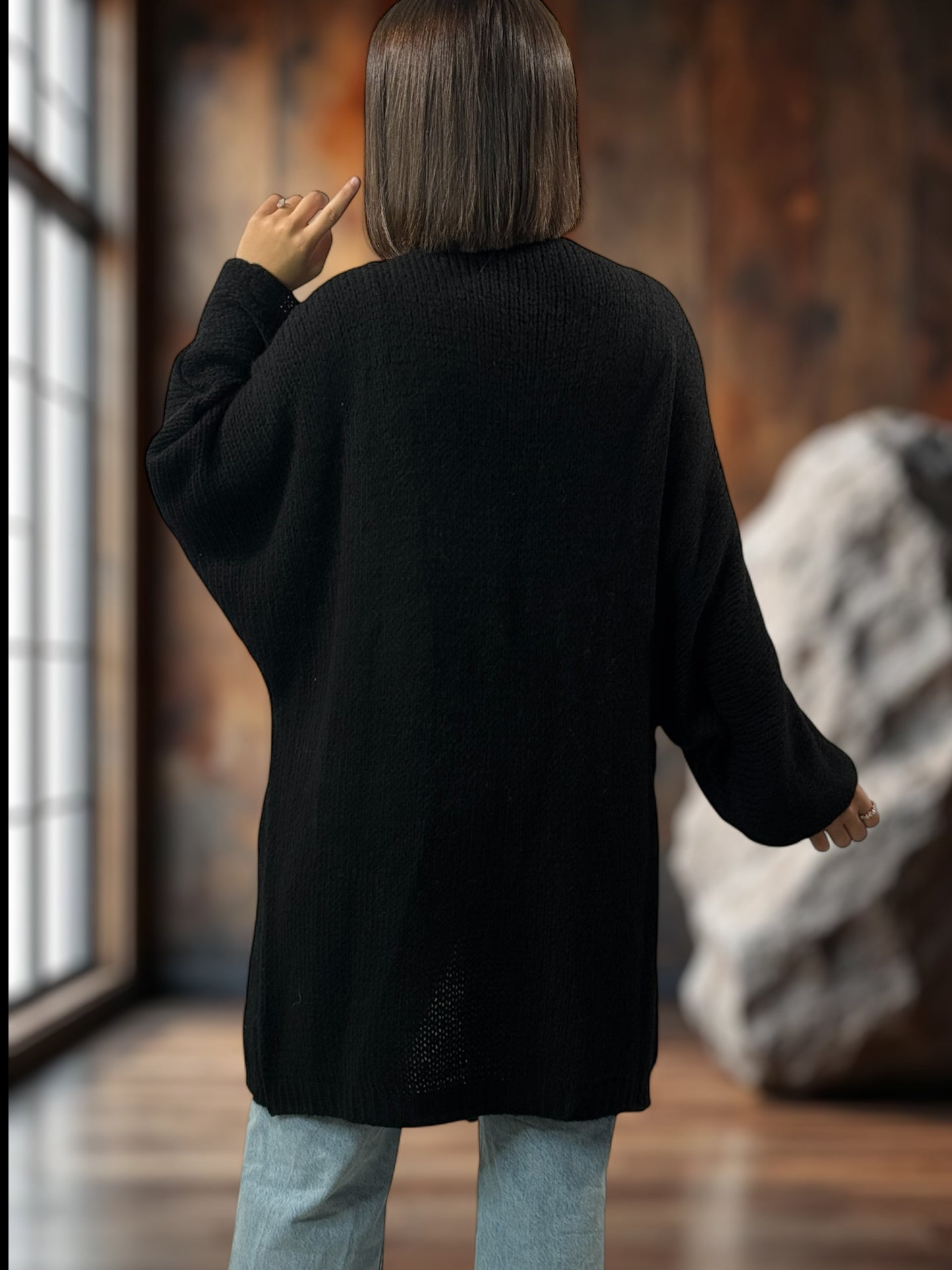 SANTANA - GILET OVERSIZE NOIR POCHES EN JEAN JUSQU'A LA TAILLE 52
