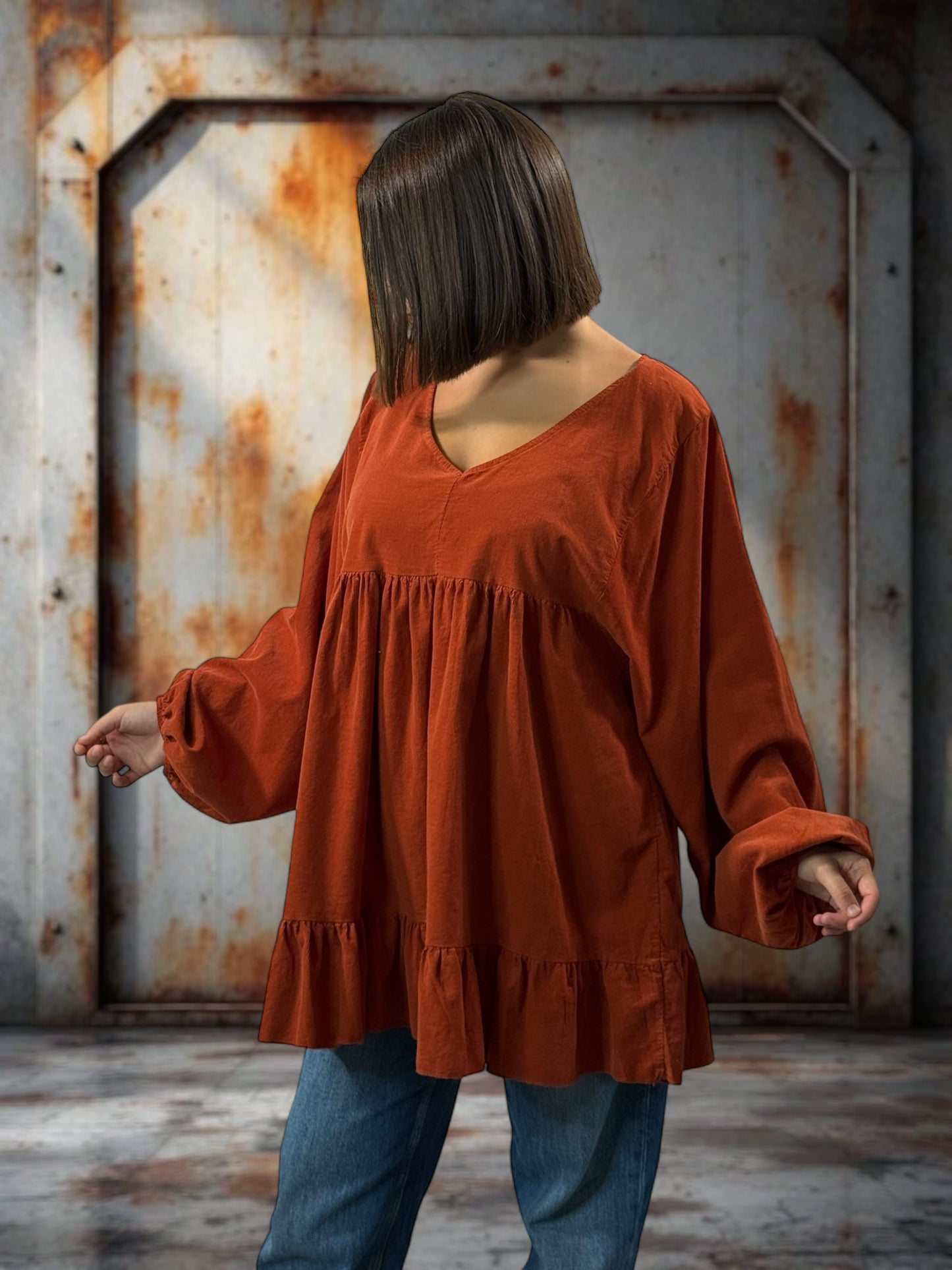 VICTORIA - TUNIQUE ROUILLE EN VELOURS MILLERAIES OVERSIZE JUSQU'A LA TAILLE 52