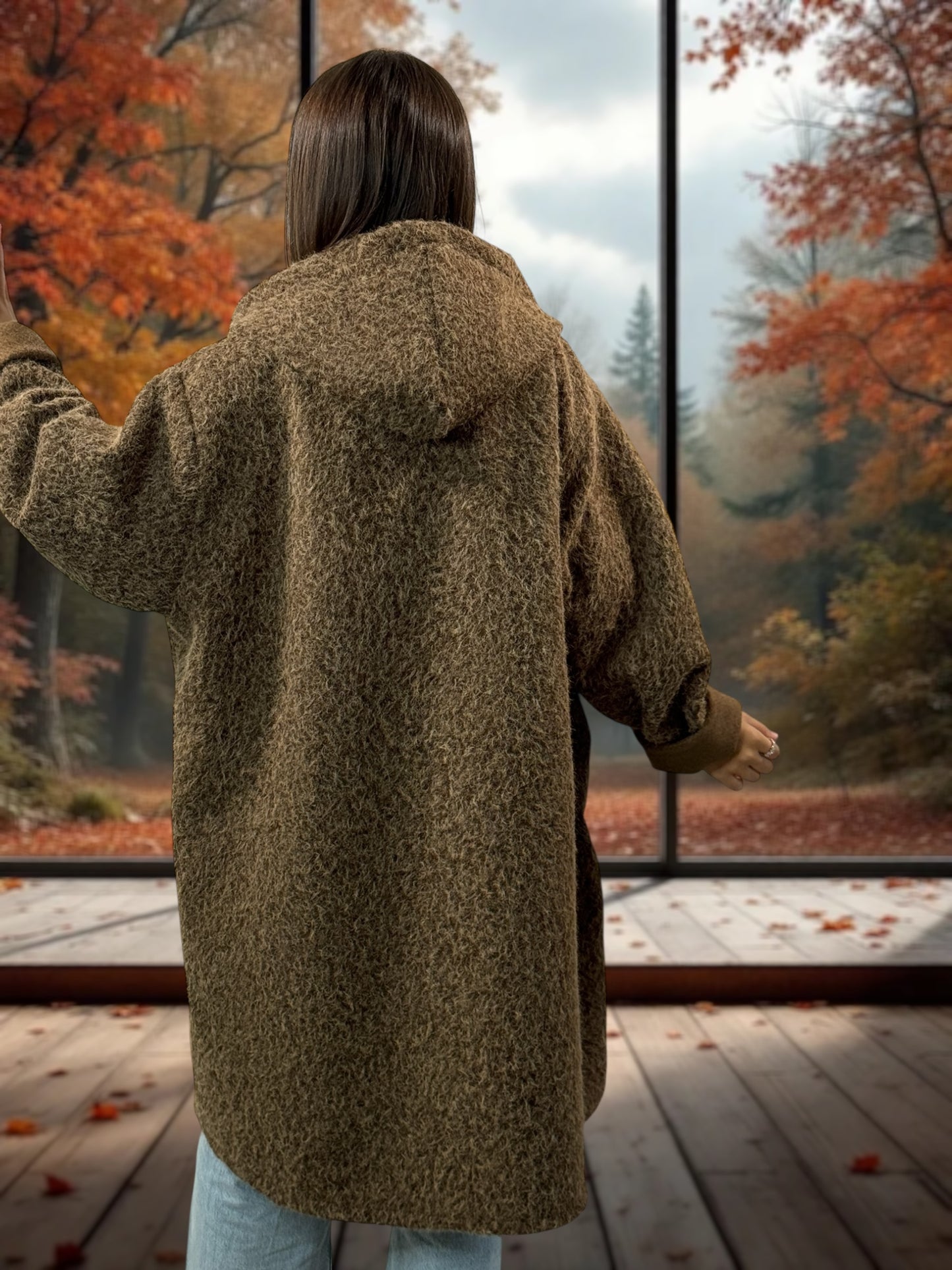 OCEANE - VESTE OVERSIZE MARRON A CAPUCHE JUSQU'A LA TAILLE 54/56
