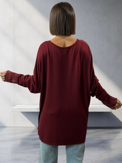 VALENTINA - PULL BORDEAUX EN MAILLE BORDE DE DENTELLE JUSQU'A LA TAILLE 54