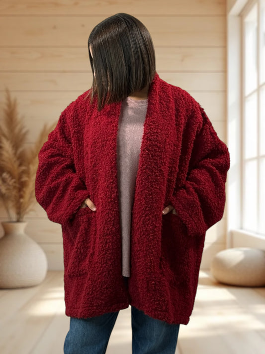 LILIROSE - VESTE OVERSIZE ROUGE EN MOUMOUTE JUSQU'A LA TAILLE 56/58