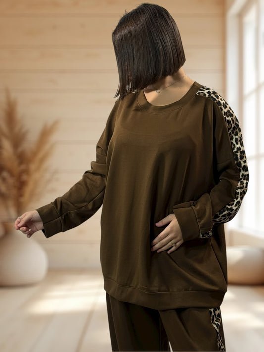 LEONARDO - ENSEMBLE MARRON BANDE LEOPARD JUSQU'A LA TAILLE 52/54
