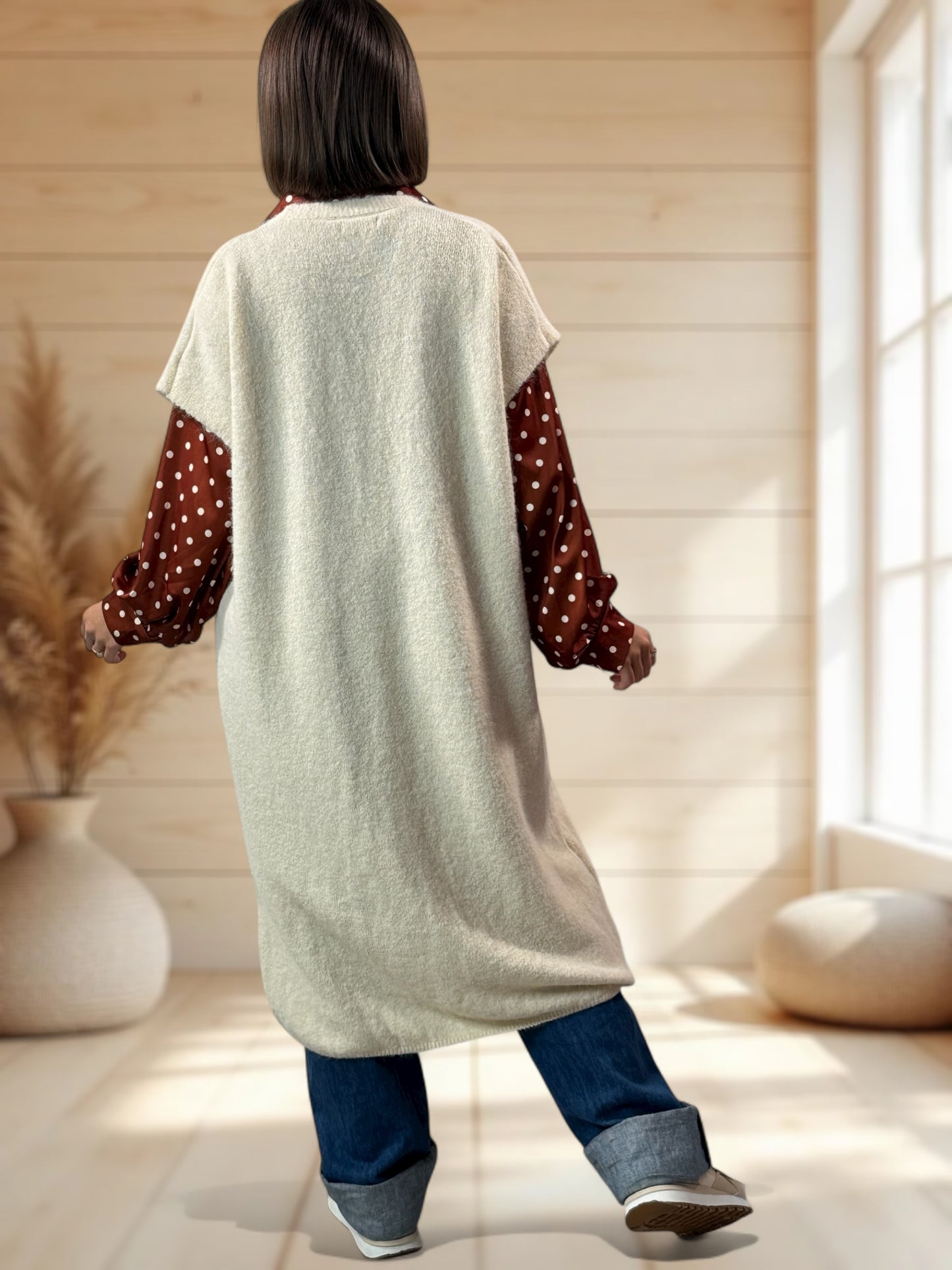 UGO - LONG GILET OVERSIZE BLANC CASSE JUSQU'A LA TAILLE 56/58