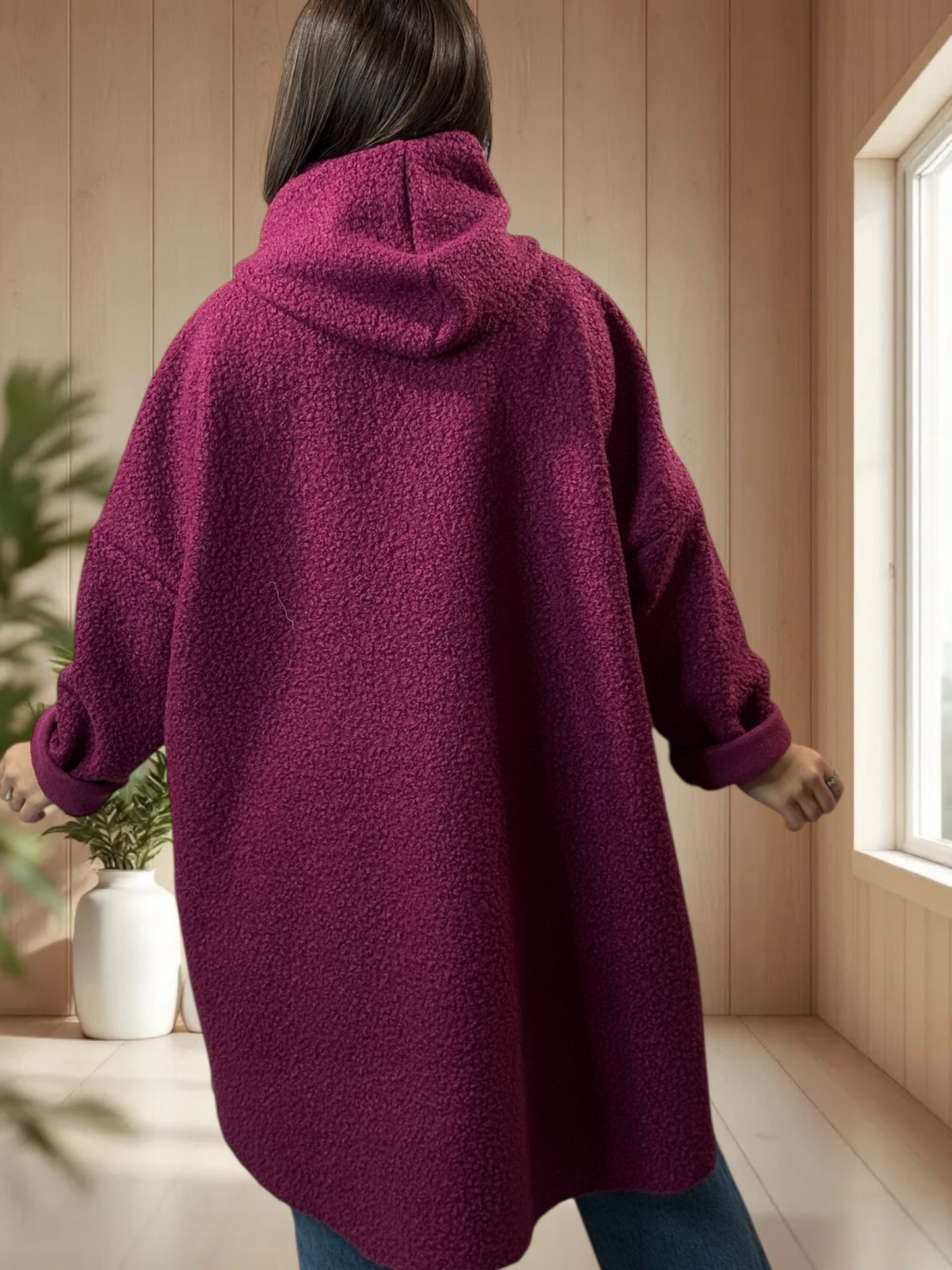 CAPRICE - VESTE OVERSIZE CYCLAMEN A CAPUCHE JUSQU'A LA TAILLE 54