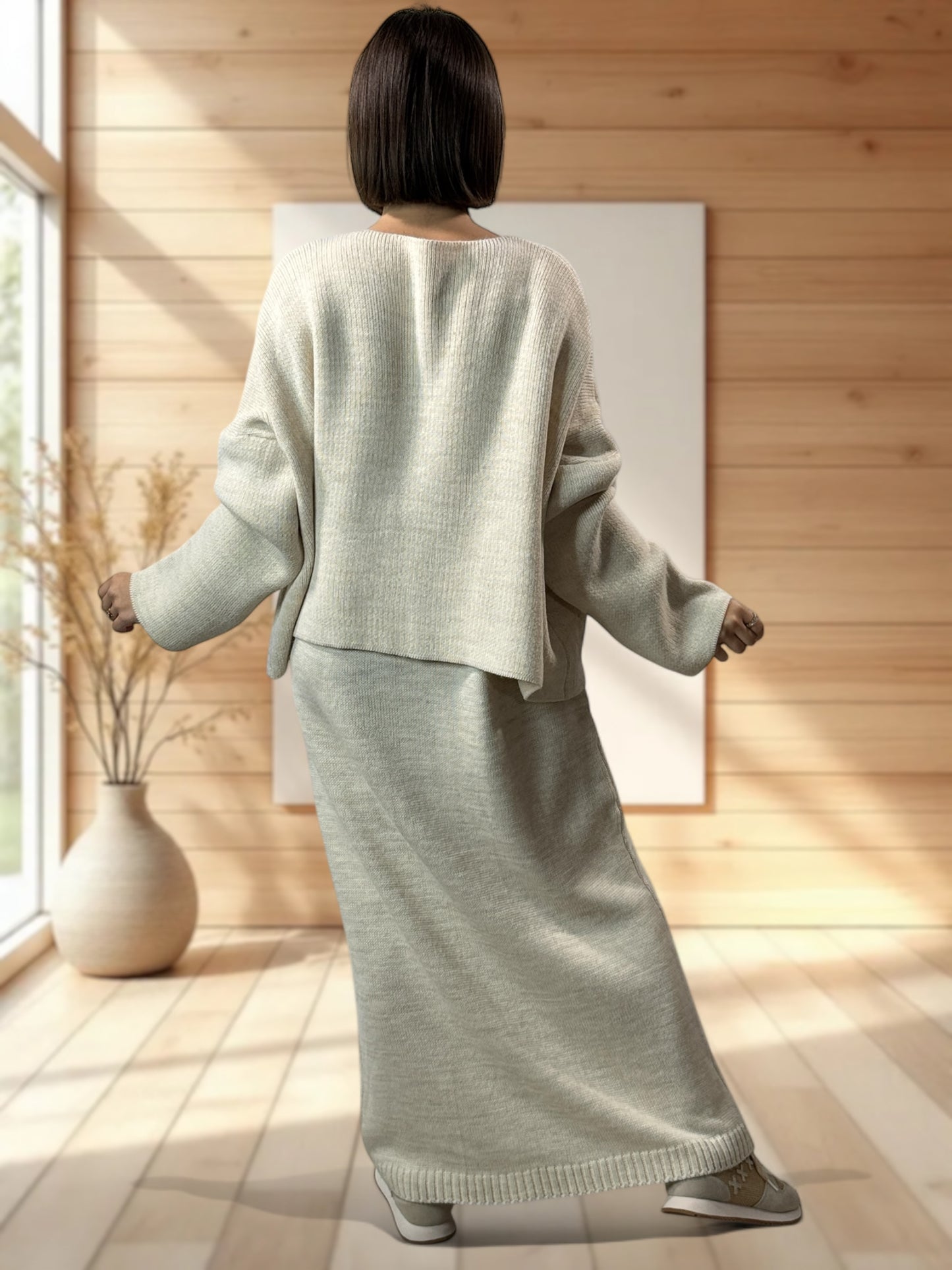 GABRIELA - ENSEMBLE BEIGE EN MAILLE ROBE ET GILET JUSQU'A LA TAILLE 48