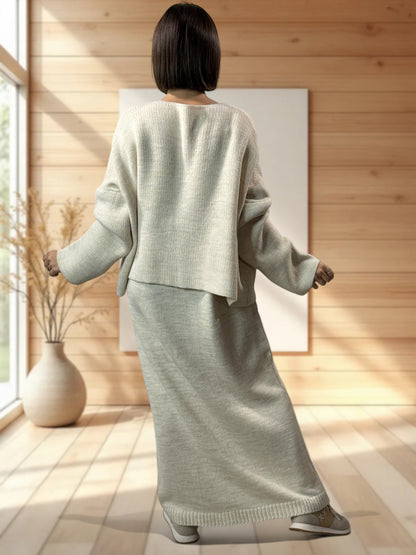 GABRIELA - ENSEMBLE BEIGE EN MAILLE ROBE ET GILET JUSQU'A LA TAILLE 48