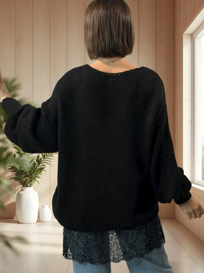 MONIKA - PULL NOIR AVEC DENTELLE JUSQU'A LA TAILLE 48/50