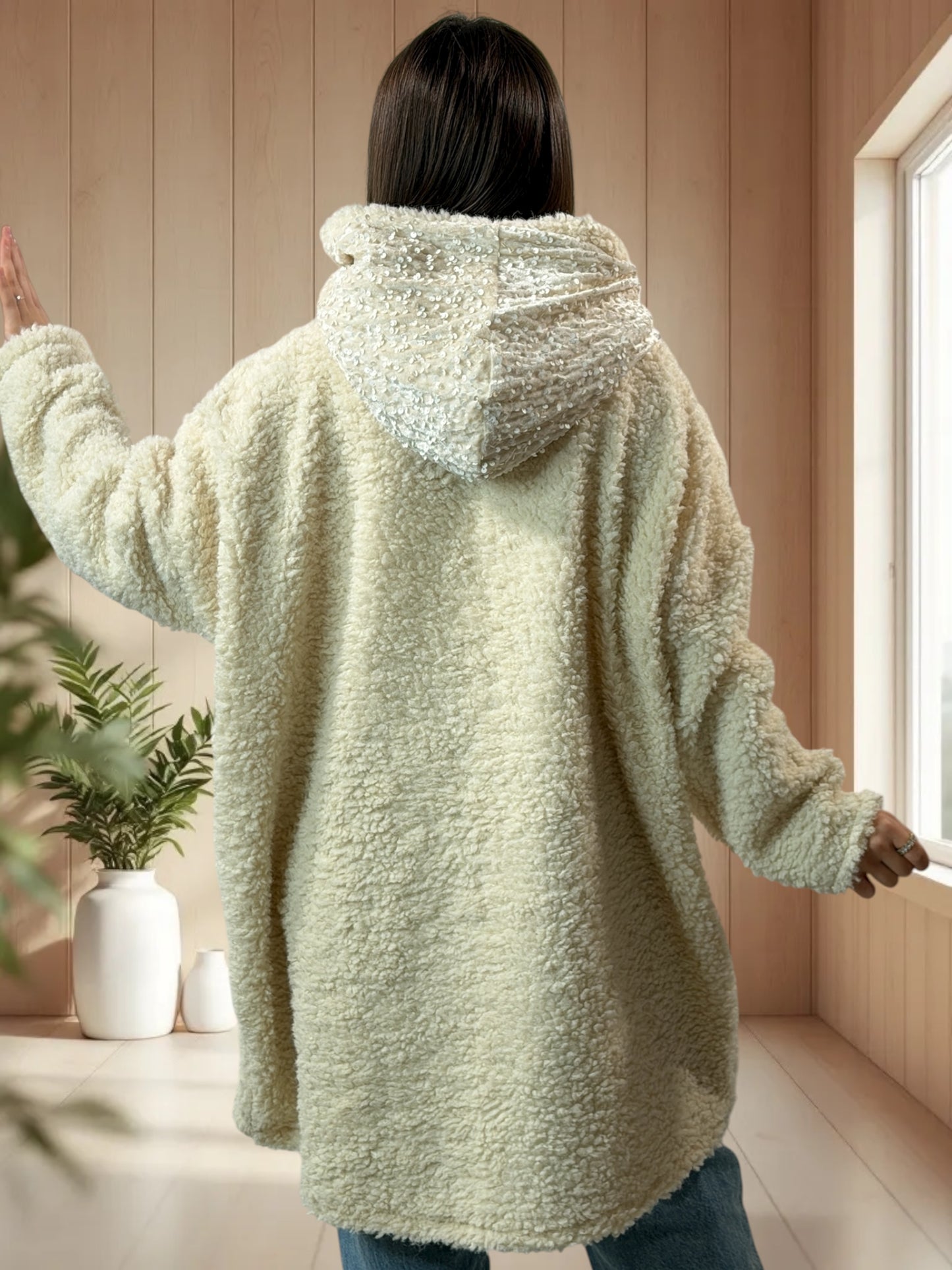 SAVAGE - PULL OVERSIZE BLANC CASSE CAPUCHE EN SEQUINS JUSQU'A LA TAILLE 56/58