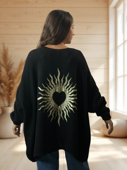 RICKOU - PULL OVERSIZE NOIR MOTIF SOLEILJUSQU'A LA TAILLE 56